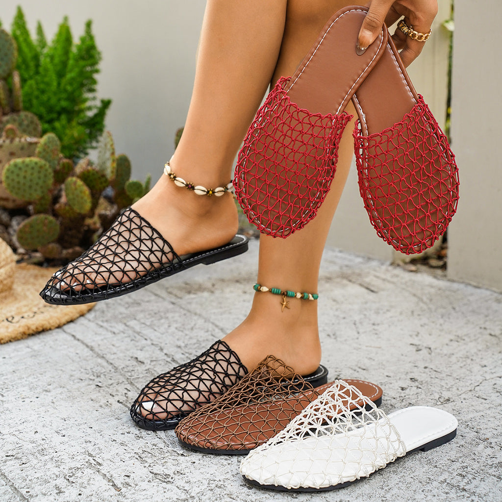 Women's woven net low heel sandals by Trendsi featuring comfortable PU leather dress shoes with stylish woven design.