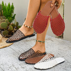 Women's woven net low heel sandals by Trendsi featuring comfortable PU leather dress shoes with stylish woven design.