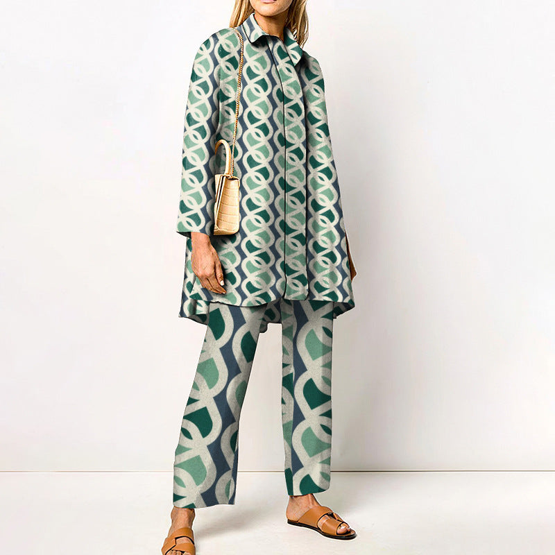 Women’s 3D digital print shirt set by Plush Fashion Hub featuring long sleeve urban casual wear, shown in a stylish outdoor setting.