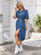 VYSN button-up dropped shoulder denim dress with long sleeves and front pockets, casual fashion style.