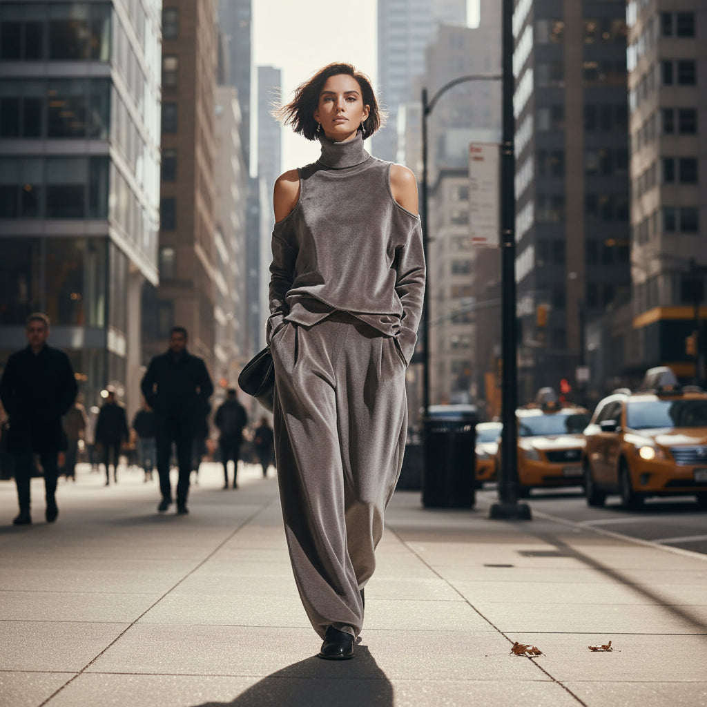 Women's Korean velvet long sleeve top and pants set by FitiqueFit, casualwear with a comfortable and stylish fit.