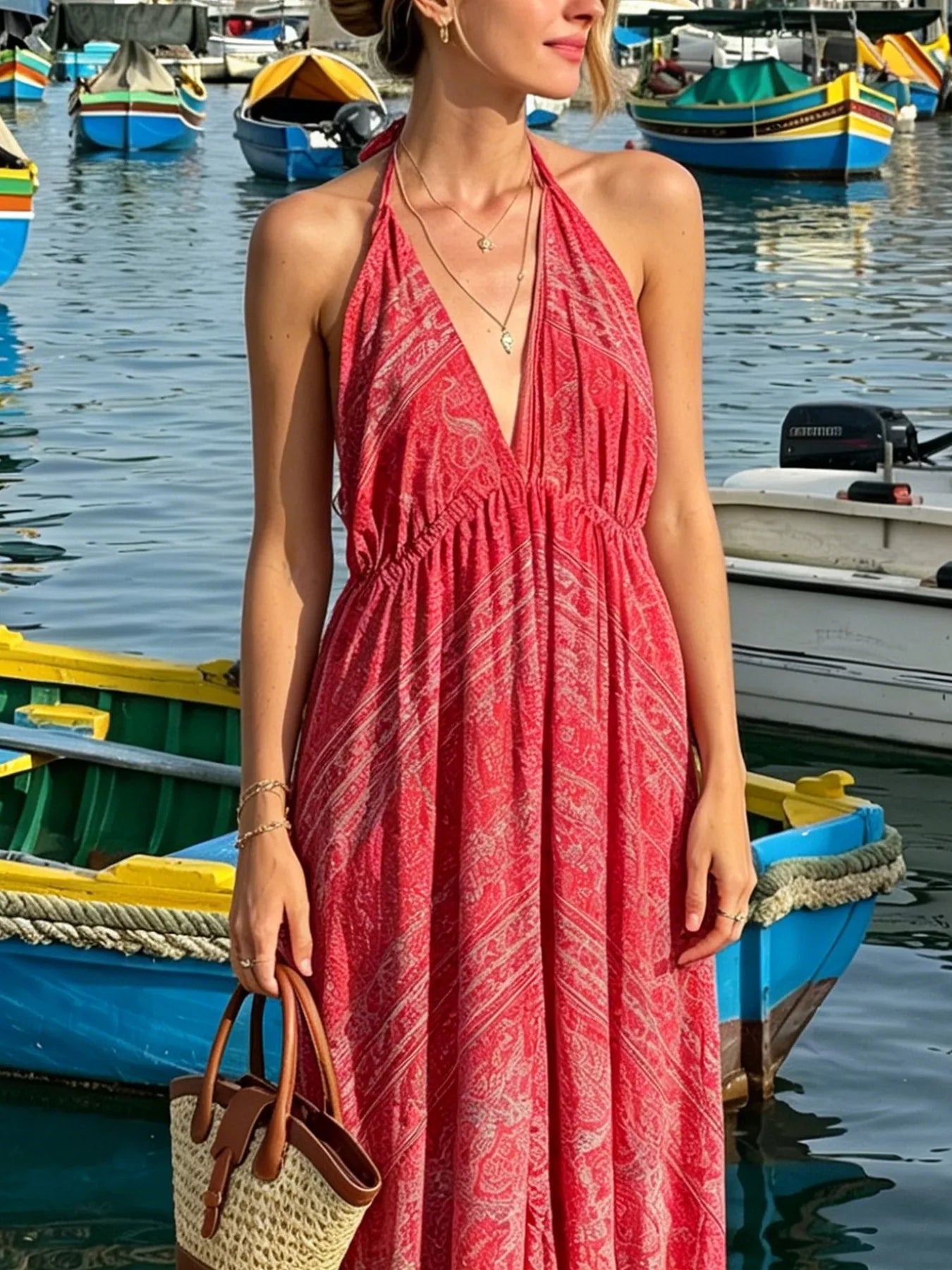 Tiered halter neck maxi dress by Trendsi featuring a flowing silhouette and elegant design, perfect for summer or special occasions.