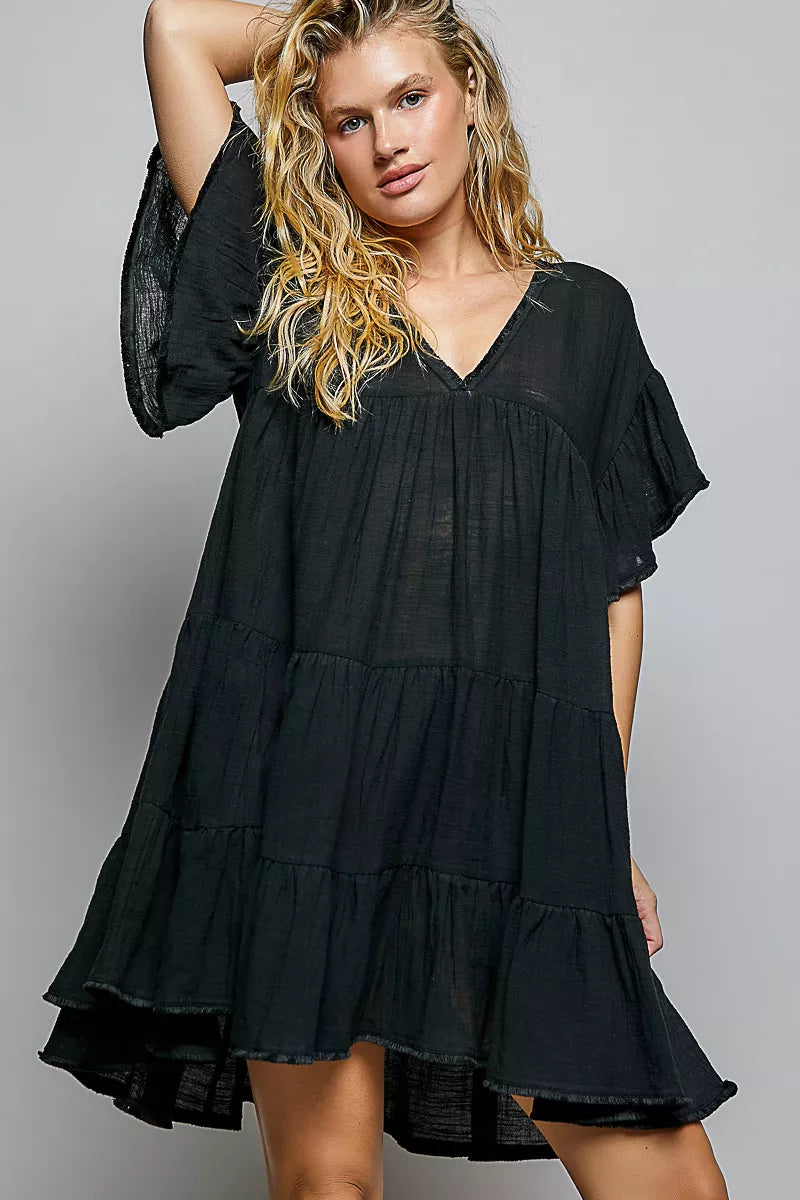 Cotton ruffle shirred V-neck short sleeve dress by Plush Fashion Hub, featuring a feminine design with ruffles and a fitted waist.