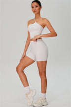 Fitglutes activewear one-shoulder crop top and shorts 2-piece set, athletic gymwear with stylish design, perfect for workout and sports.