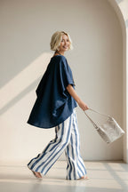 Women's striped batwing-sleeve linen two-piece set by FitiqueFit, casualwear with loose fit and stylish design.