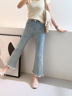 Light blue micro-flare lace stretch jeans for women from Plush Fashion Hub, showcasing fitted casualwear with lace detailing.