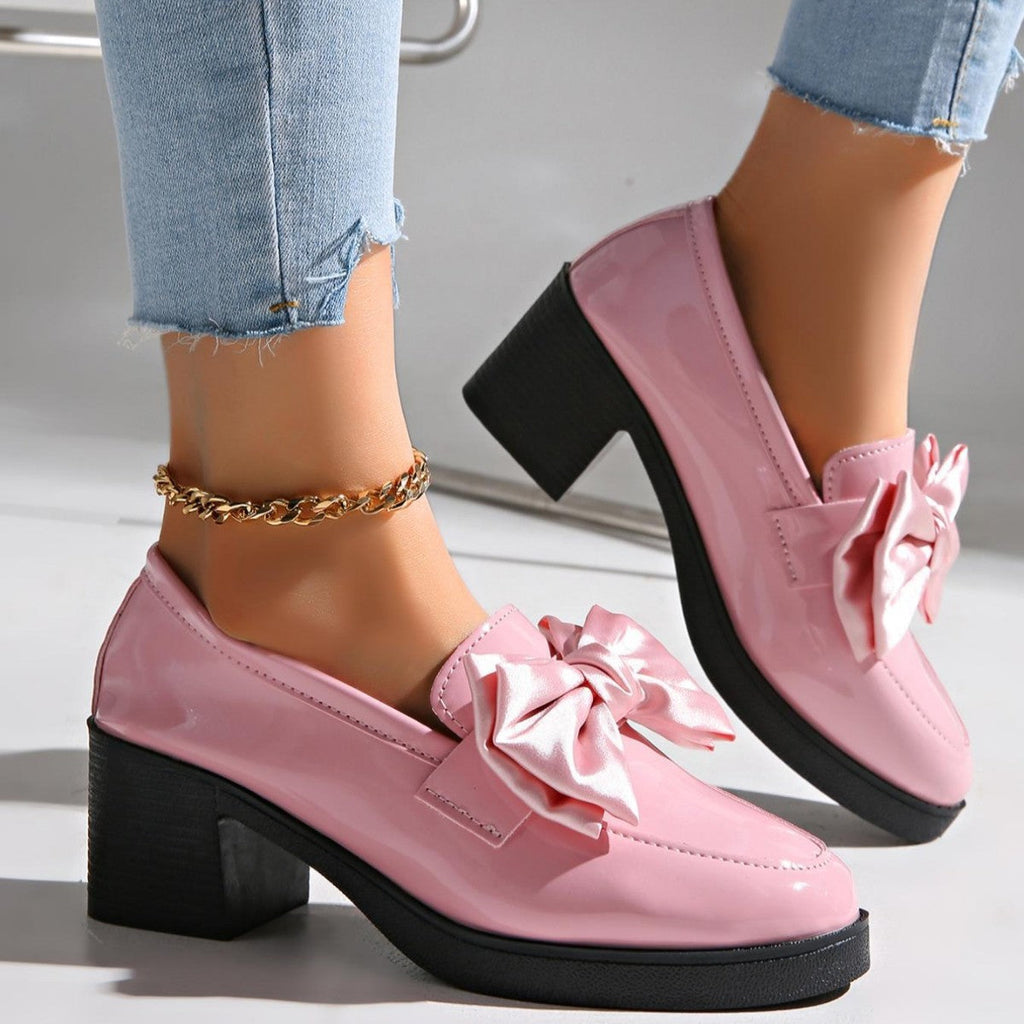 Women's plush fashion hub bowtie round toe low heel pumps in wide size, casual PU footwear with a stylish bow detail.