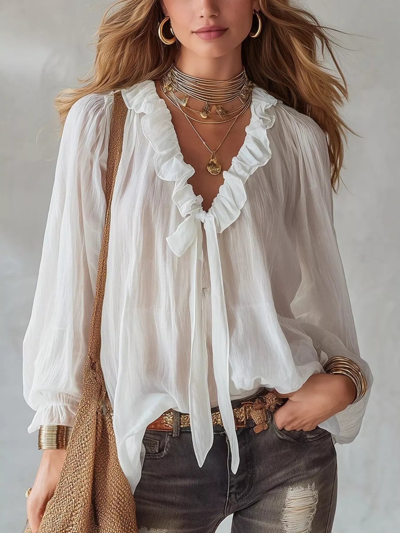 Plush Fashion Hub ruffle long sleeve blouse with feminine design and elegant details, displayed on a hanger against a white background.