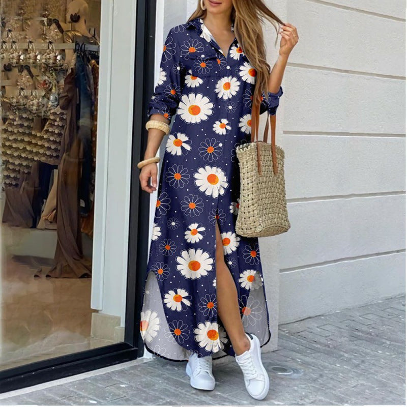 Women's floral print long shirt dress with lapel collar, midi length, relaxed fit, by Plush Fashion Hub.
