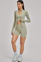 Fitglutes Activewear sports bra, jacket, and shorts 3-piece set featuring breathable gymwear for workout and exercise routines.