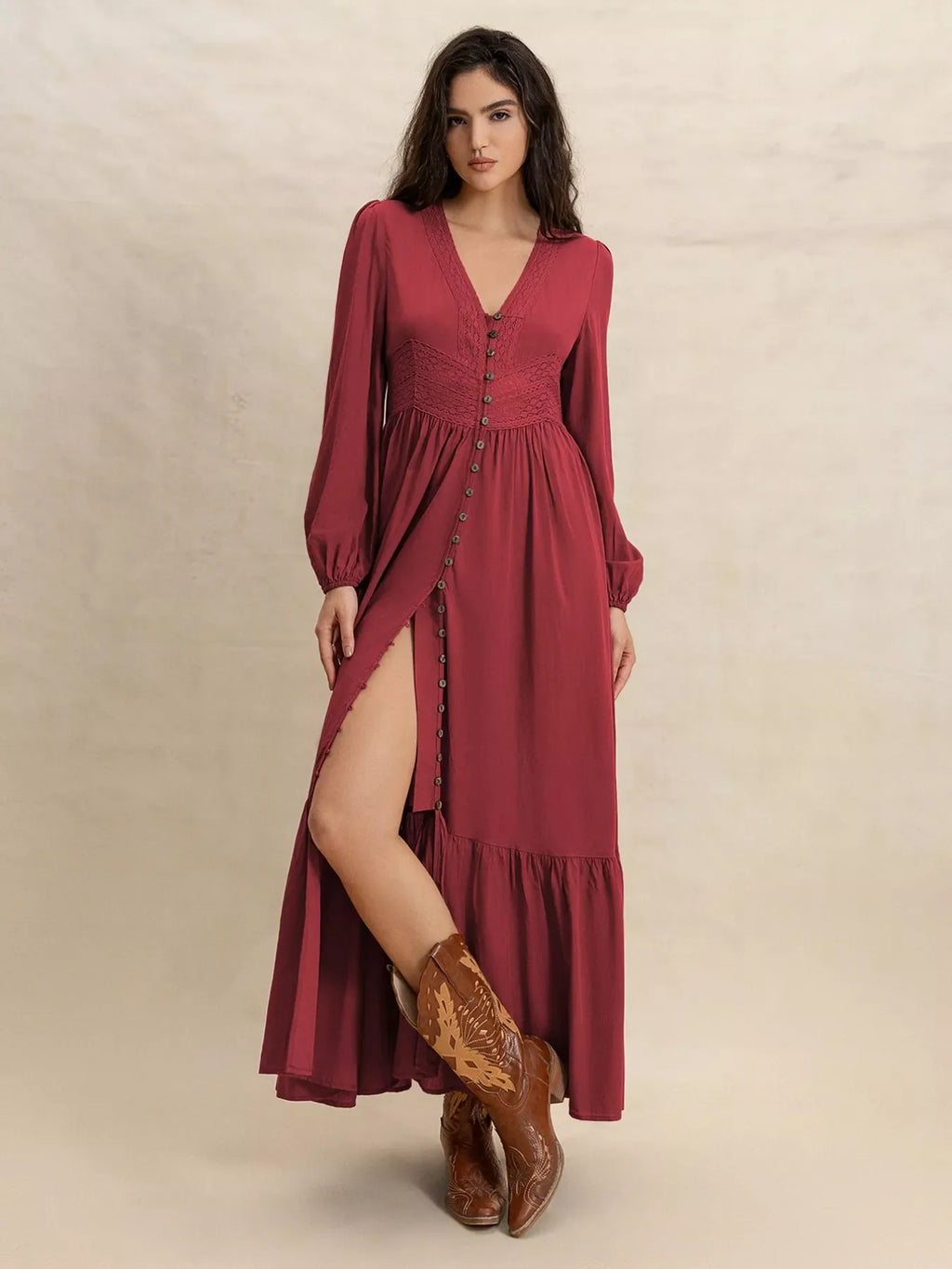 Plus size V-neck balloon sleeve maxi dress by Shopimist, featuring flowing fabric and a stylish V-neck design.