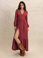 Plus size V-neck balloon sleeve maxi dress by Shopimist, featuring flowing fabric and a stylish V-neck design.
