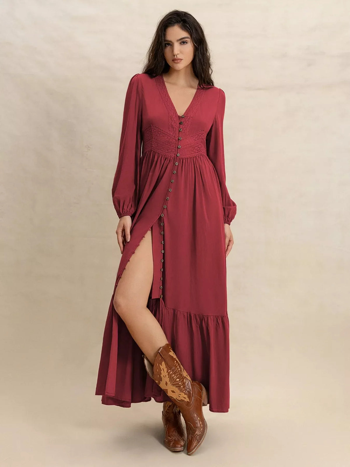 Plush Fashion Hub plus size v-neck balloon sleeve maxi dress, soft fabric with a flowing silhouette and stylish design.