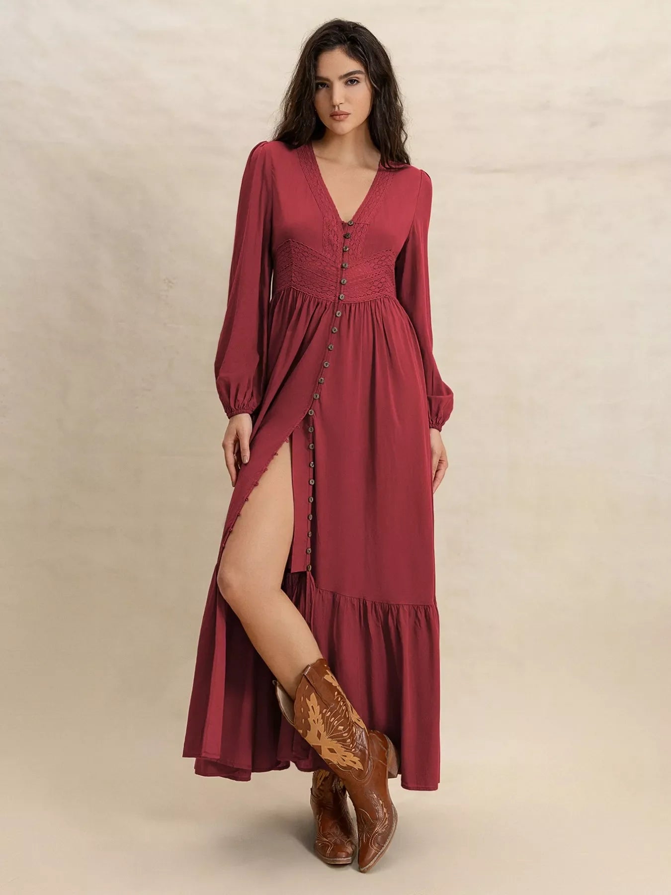 Plus size V-neck balloon sleeve maxi dress by Shopimist, featuring flowing fabric and a stylish V-neck design.