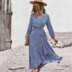 Plush Fashion Hub autumn floral dress with chest wrap, tie waist, and large swing skirt, ideal for winter and holiday leisure wear.