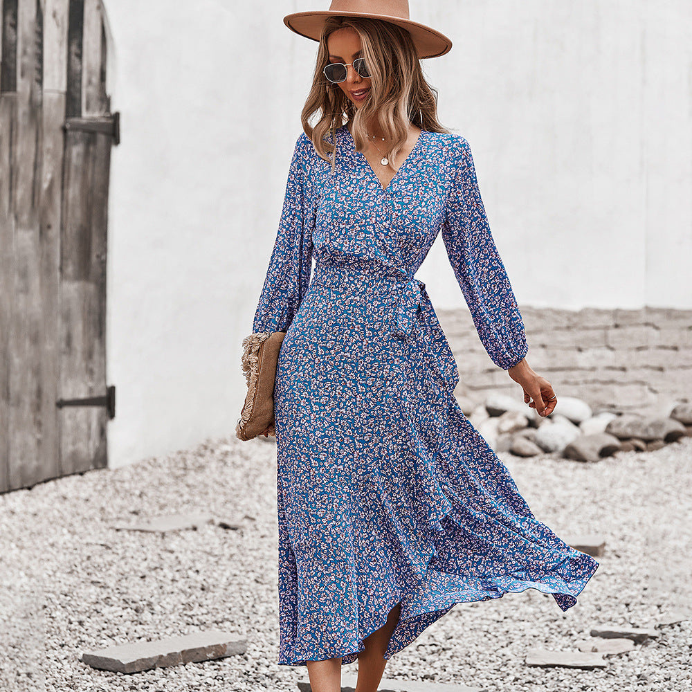 Plush Fashion Hub autumn floral dress with chest wrap, tie waist, and large swing skirt, ideal for winter and holiday leisure wear.