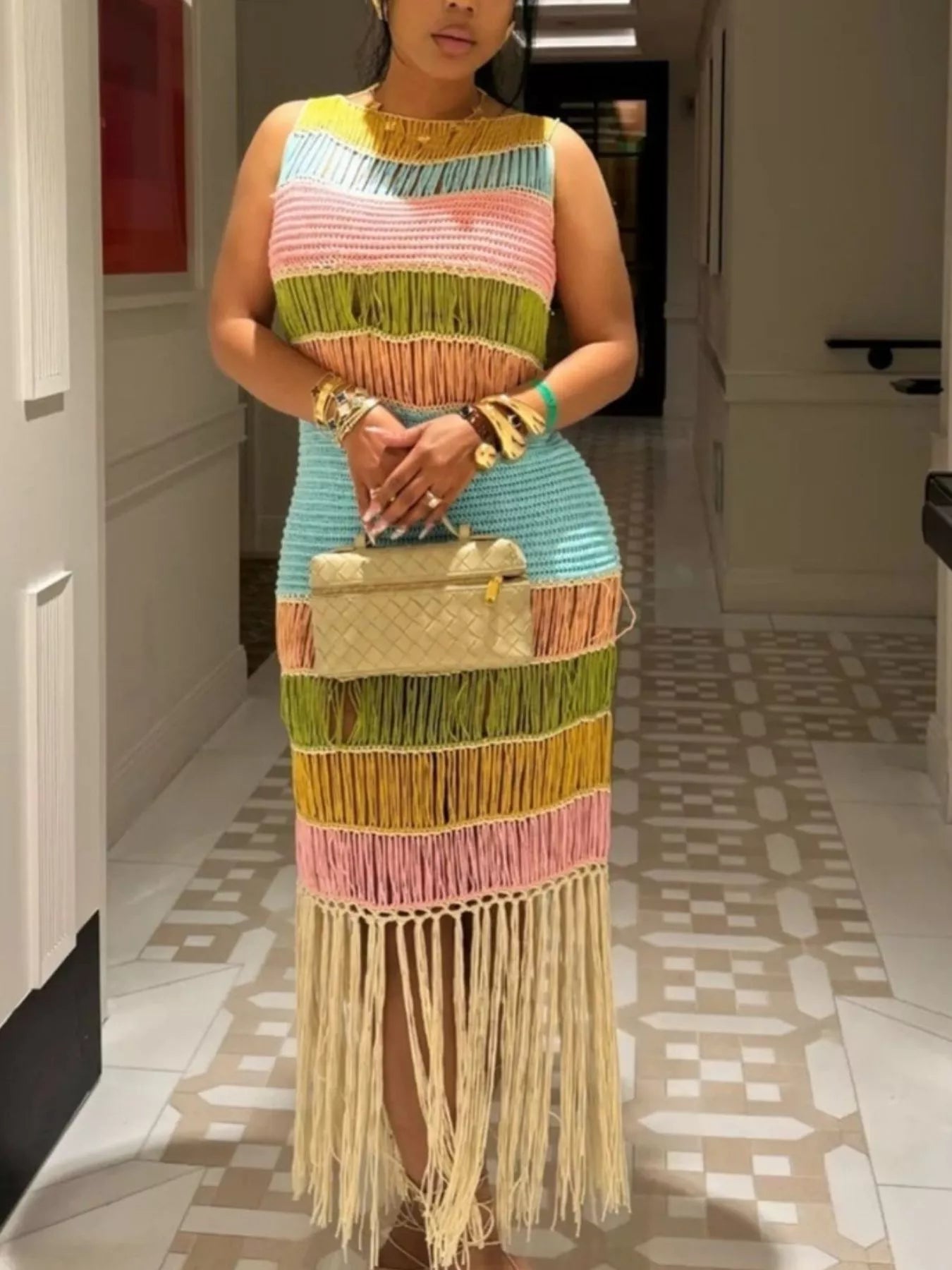 Color block fringe crochet knit maxi dress from Plush Fashion Hub featuring vibrant colors and intricate fringe details.