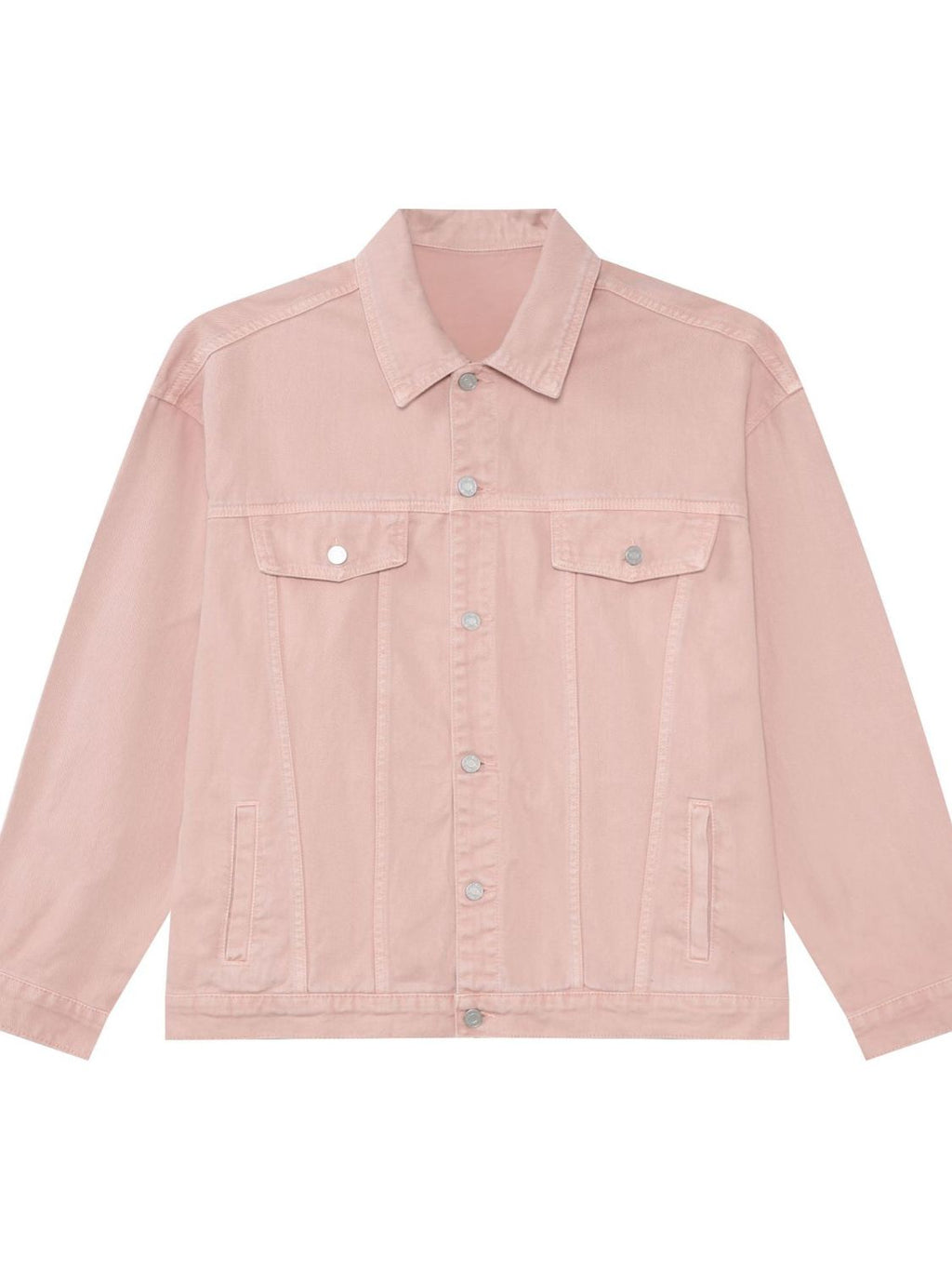 Men's VYSN denim jacket with dropped shoulders, button-up style, featuring classic blue denim fabric and casual fit.