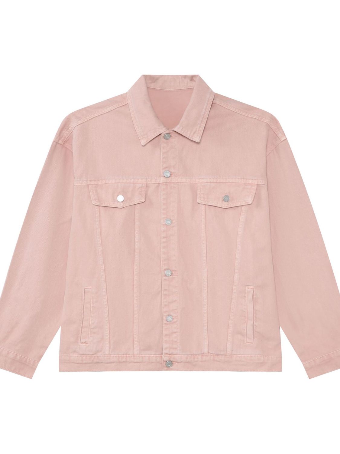 Men's VYSN denim jacket with dropped shoulders, button-up style, featuring classic blue denim fabric and casual fit.