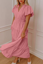 Women's floral ruffled tiered puff sleeve maxi dress by Plush Fashion Hub, featuring an elegant long design with ruffles and puff sleeves.