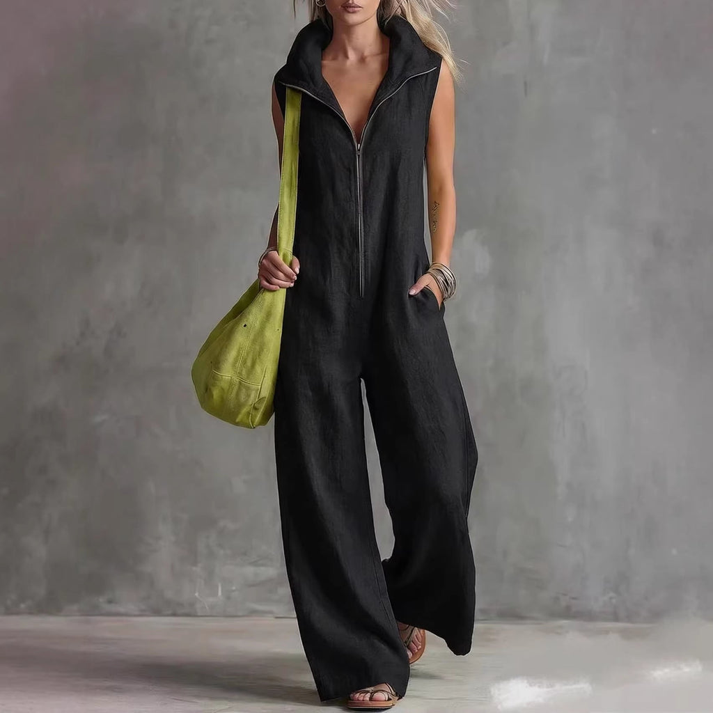 Women's linen-look sleeveless jumpsuit with pockets by FitiqueFit, featuring a relaxed fit and casual style.
