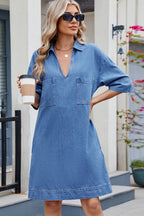 VYSN Johnny Collar Half Sleeve Denim Dress displayed on a hanger, showcasing its collar and casual style.
