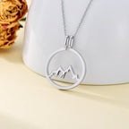925 sterling silver mountain ring holder with round pendant necklace, showcasing a detailed mountain design on a sleek silver chain