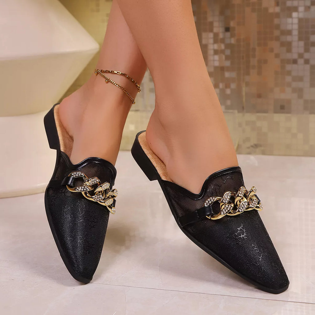 Shopimist point toe chain detail sandals featuring sleek design and stylish straps, perfect for elegant summer footwear.
