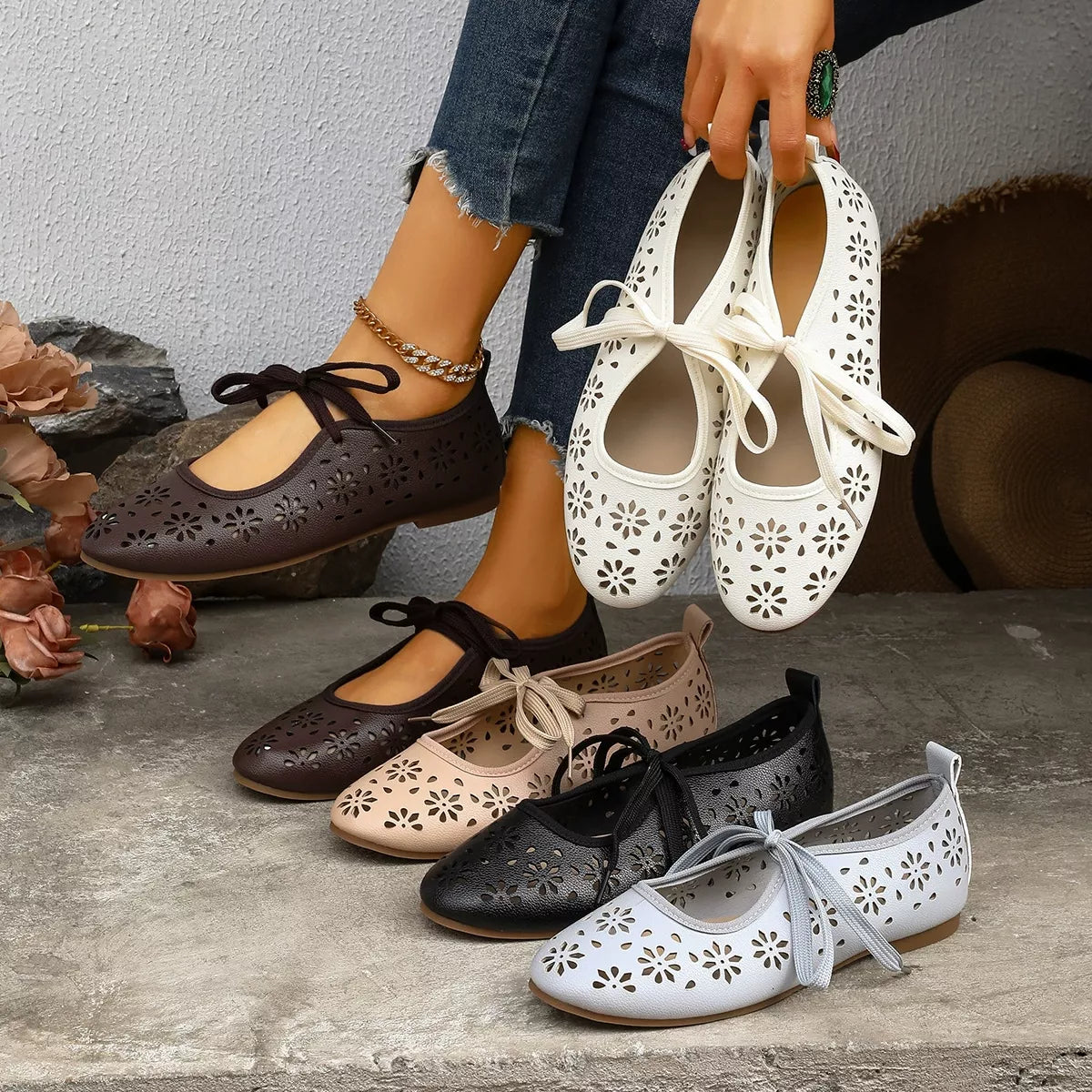 Plush Fashion Hub floral cutout tied slip-on sandals with open toe design and lightweight sole for casual summer wear.