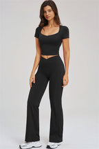 Fitglutes Activewear flared leggings and T-shirt set, stylish gymwear with comfortable, form-fitting design for workout and athletic activities.