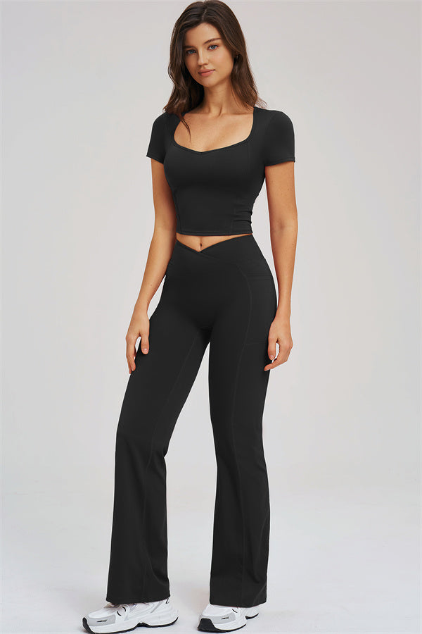 Fitglutes Activewear flared leggings and T-shirt set, stylish gymwear with comfortable, form-fitting design for workout and athletic activities.