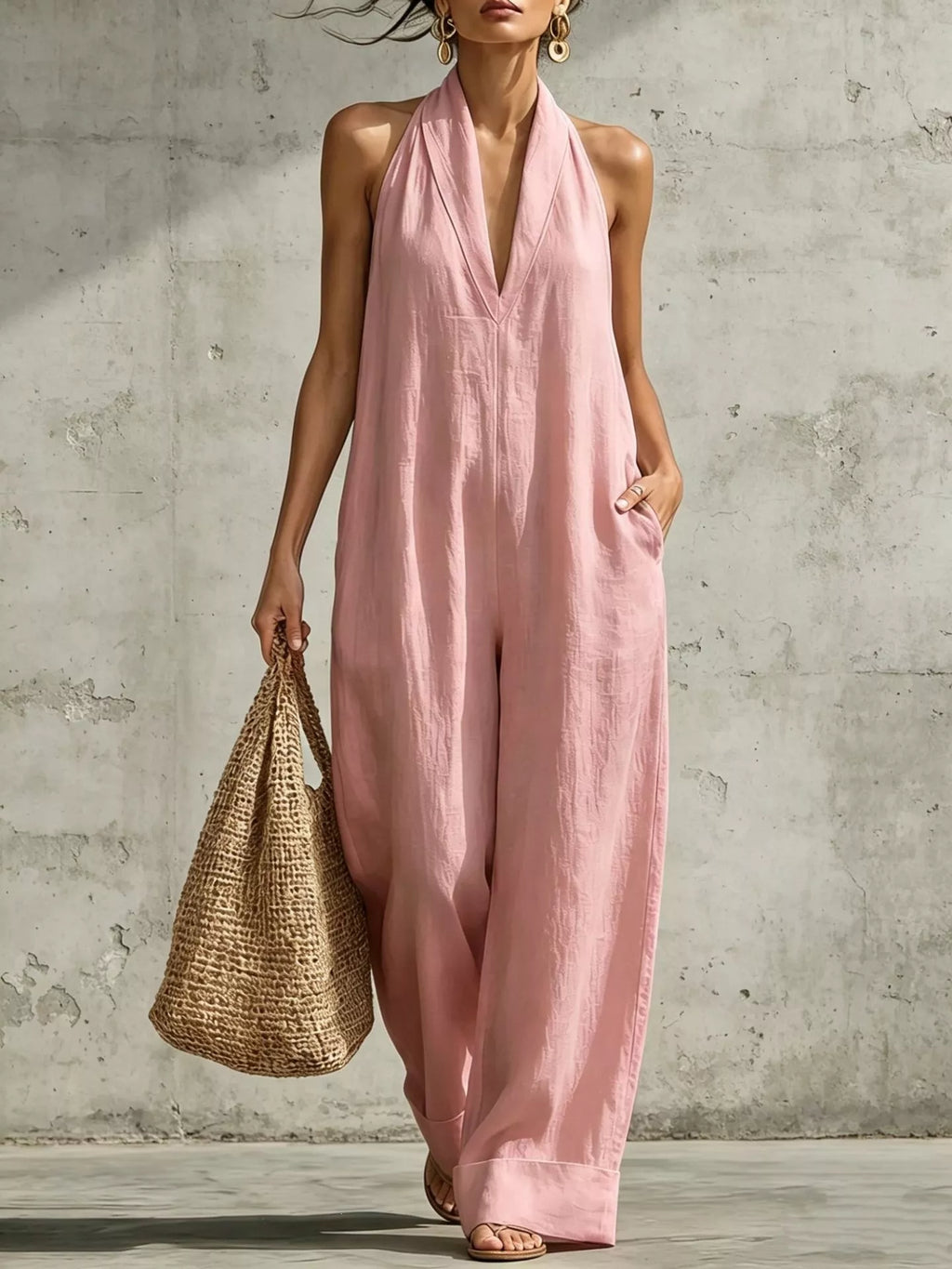 Plus size full-length halter neck jumpsuit with wide-leg style, featuring trendy design and comfortable fit by Trendsi.