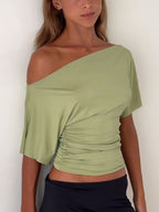 Women's one shoulder ruched short sleeve T-shirt by Trendsi, chic stretch top with fitted design and stylish asymmetrical shoulder detail.
