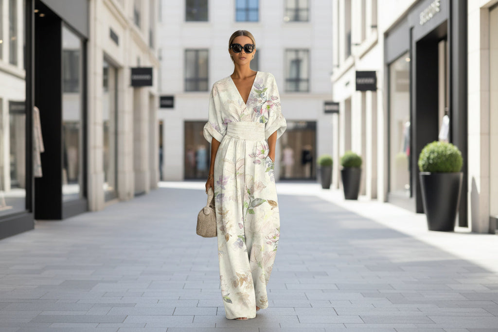 Women's waist-cinched V-neck printed wide-leg jumpsuit by FitiqueFit, featuring a casual, stylish design and comfortable fit.