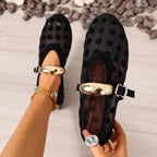 Women's polka dot mesh slip-on flats from Trendsi, lightweight casual walking shoes with breathable mesh and comfortable fit.