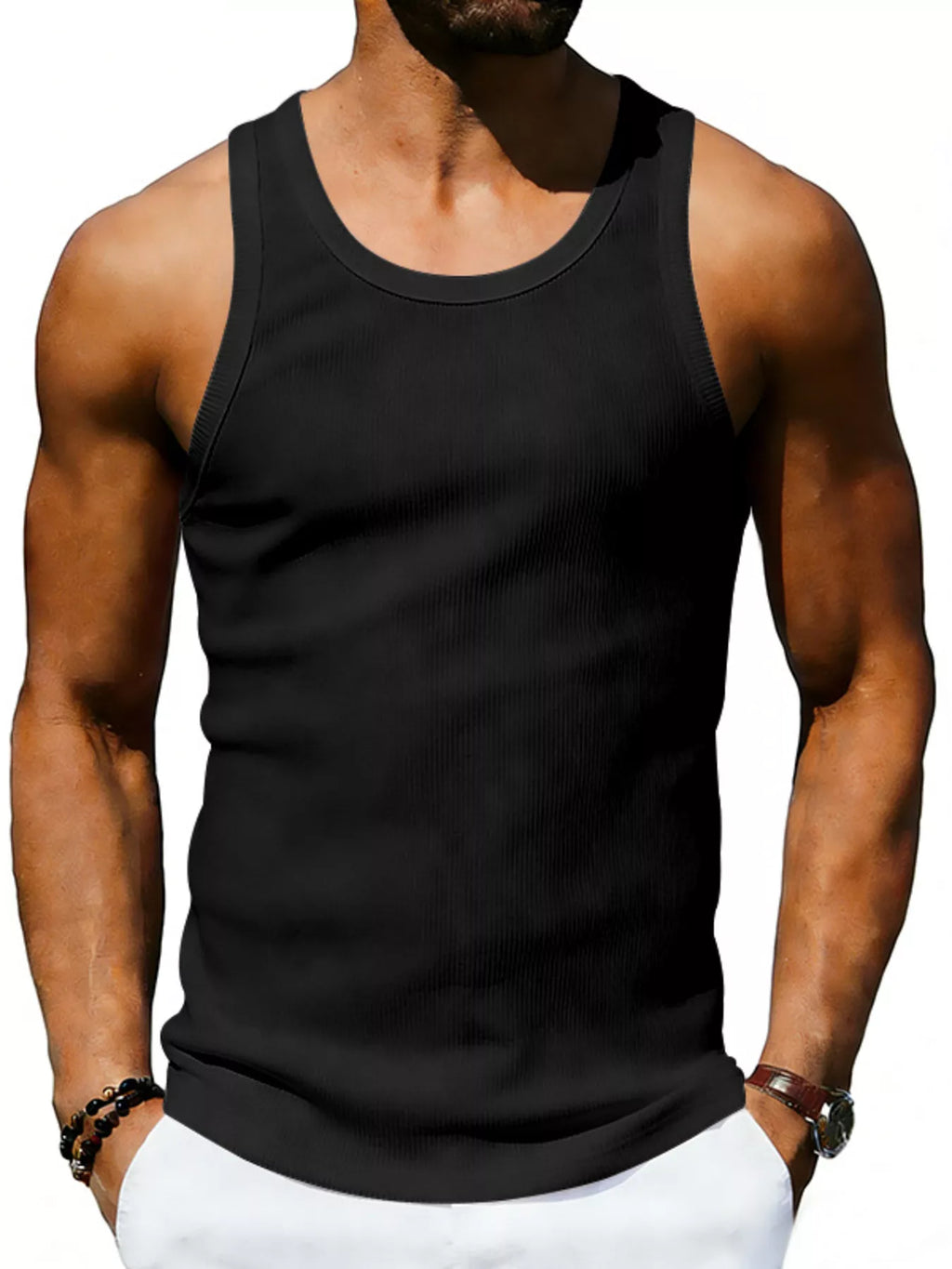 Men's plus size round neck tank top from Trendsi, front view showing the fit and fabric details.