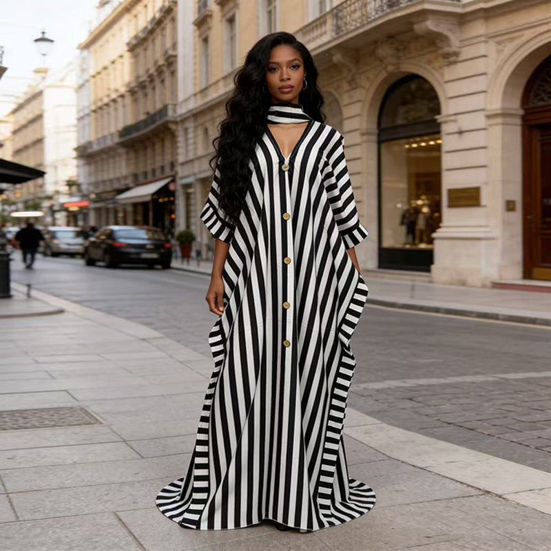 African-inspired striped loose long dress by Plush Fashion Hub in five colors, featuring a relaxed fit and flowing silhouette.