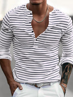 Men's plus size striped long sleeve T-shirt by Trendsi, featuring bold horizontal stripes and a comfortable fit.