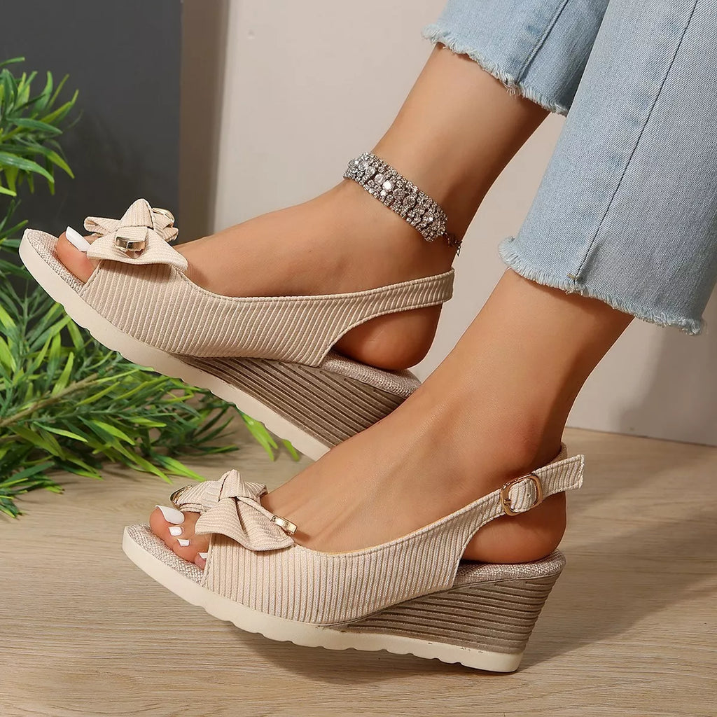 Shopimist open toe wedge sandals with tan leather straps and cork wedge heel, perfect for summer casual wear.