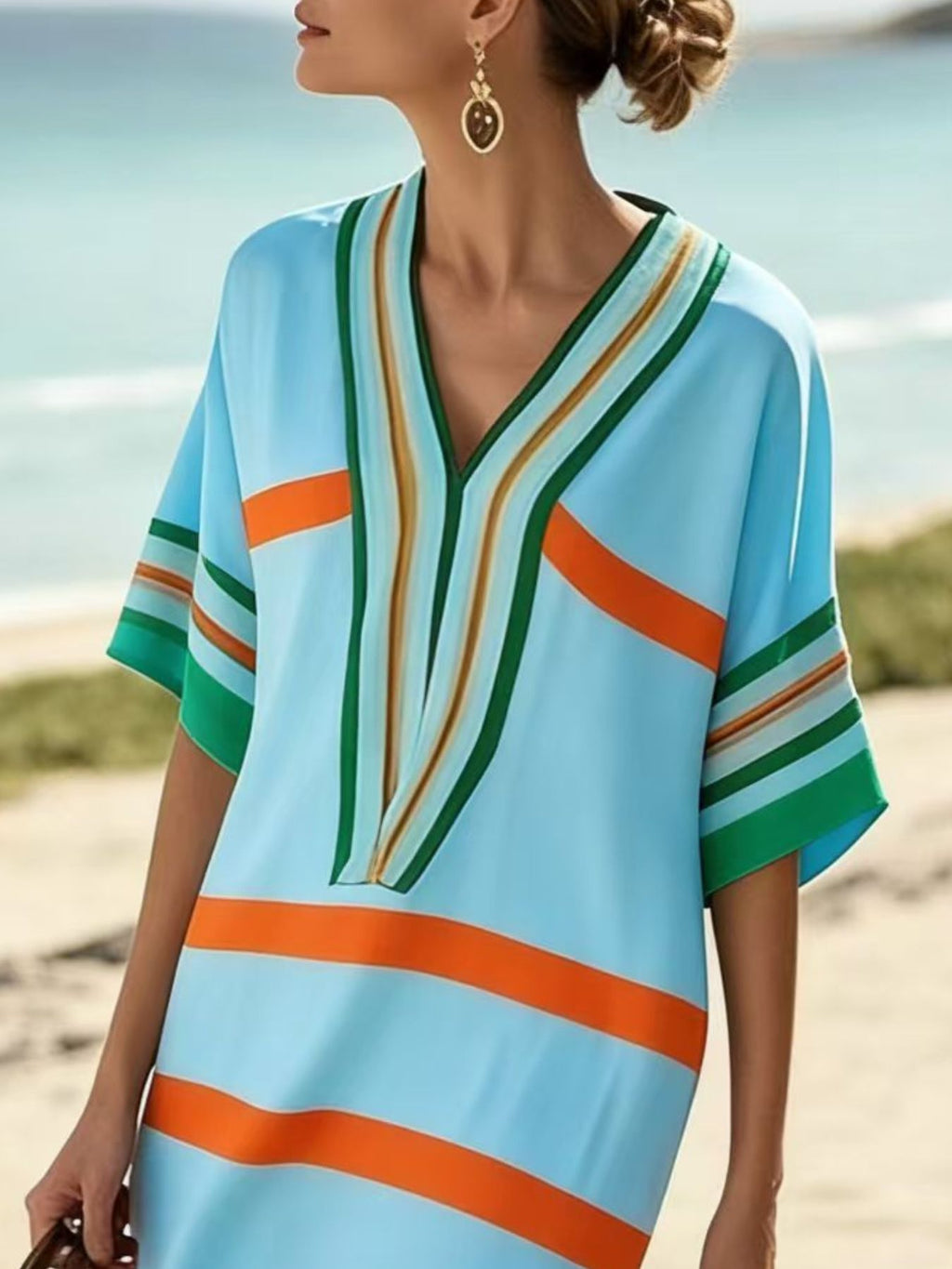 Plus size women's striped half-sleeve midi dress by Plush Fashion Hub, casual chic everyday wear, featuring a stylish striped pattern.