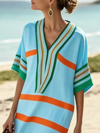 Plus size women's striped half-sleeve midi dress by Plush Fashion Hub, casual chic everyday wear, featuring a stylish striped pattern.