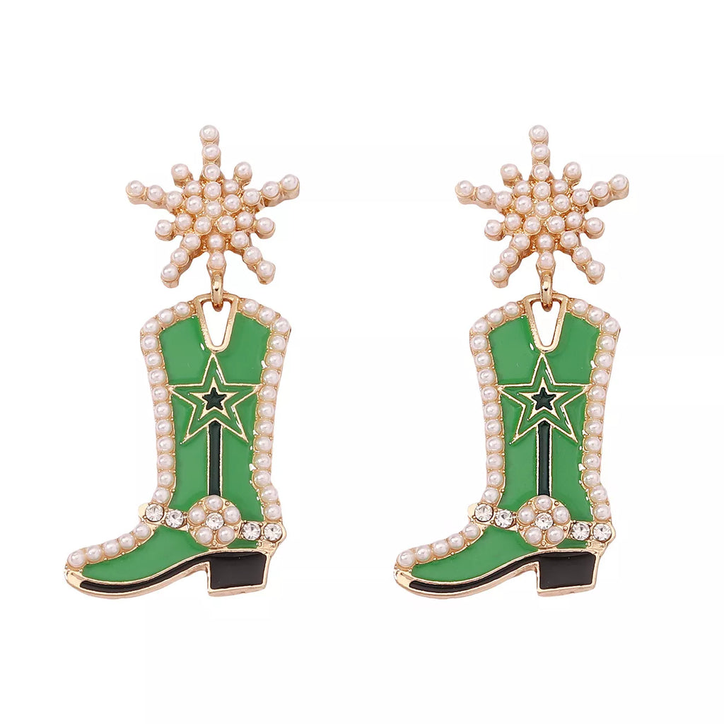 Cowgirl boot dangle earrings with western-style design, featuring detailed boot charms hanging from hooks, perfect for fashion accessories.