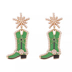 Cowgirl boot dangle earrings with western-style design, featuring detailed boot charms hanging from hooks, perfect for fashion accessories.
