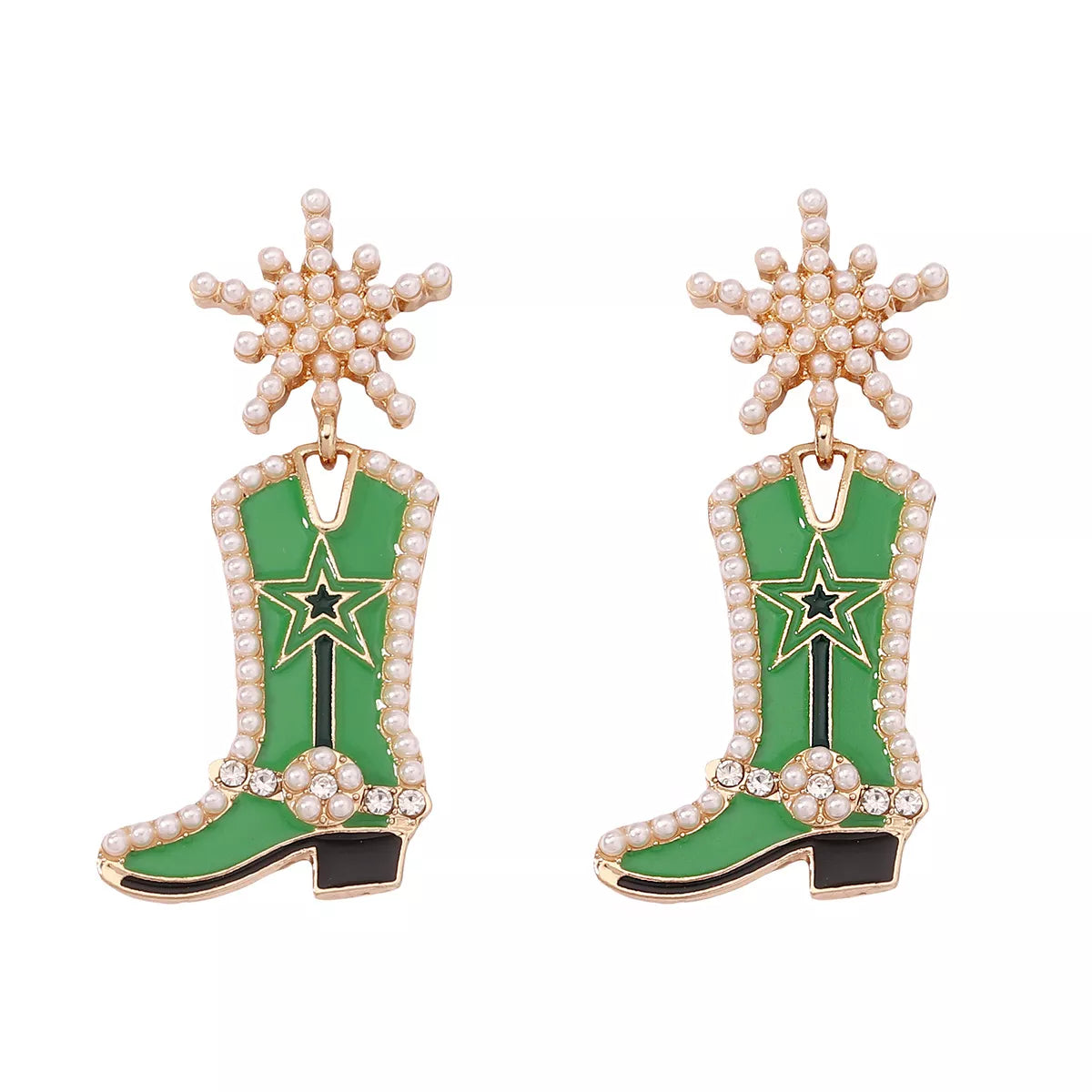 Cowgirl boot dangle earrings with western-style design, featuring detailed boot charms hanging from hooks, perfect for fashion accessories.