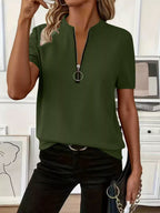 Women's ribbed half-zip short sleeve casual top by Trendsi, featuring a soft stretch fabric and stylish design.