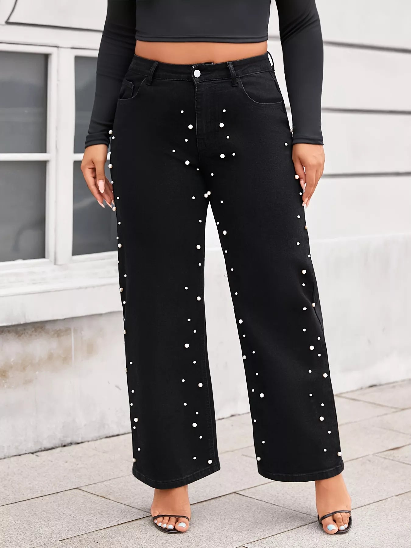 Plus size pearl-embellished wide leg jeans from Shopimist, featuring a relaxed fit with decorative pearl accents.
