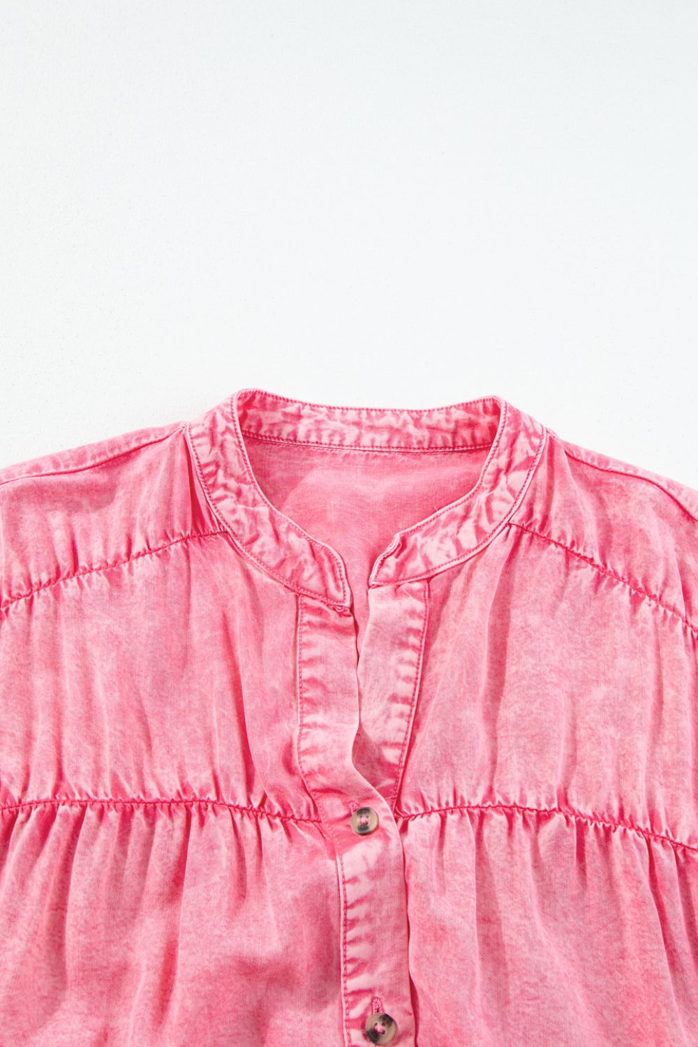 VYSN ruffled short sleeve denim mini dress with button details, casual fashion piece perfect for warm weather.