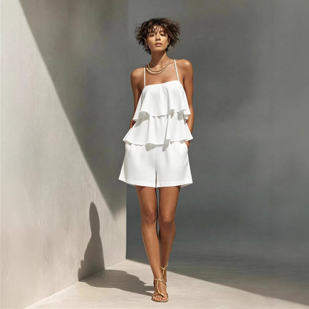 Women's multi-layer ruffle camisole and shorts casualwear set by FitiqueFit, featuring layered ruffle details and comfortable fit.