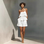Women's multi-layer ruffle camisole and shorts casualwear set by FitiqueFit, featuring layered ruffle details and comfortable fit.