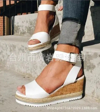 Korean style summer women's wedge peep-toe heels with casual design, featuring trendy straps and comfortable platform soles.